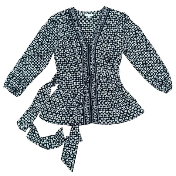 MAX STUDIO Floral Blouse Women's Size M Black & White Long Sleeve Elastic Waist - Picture 8 of 11